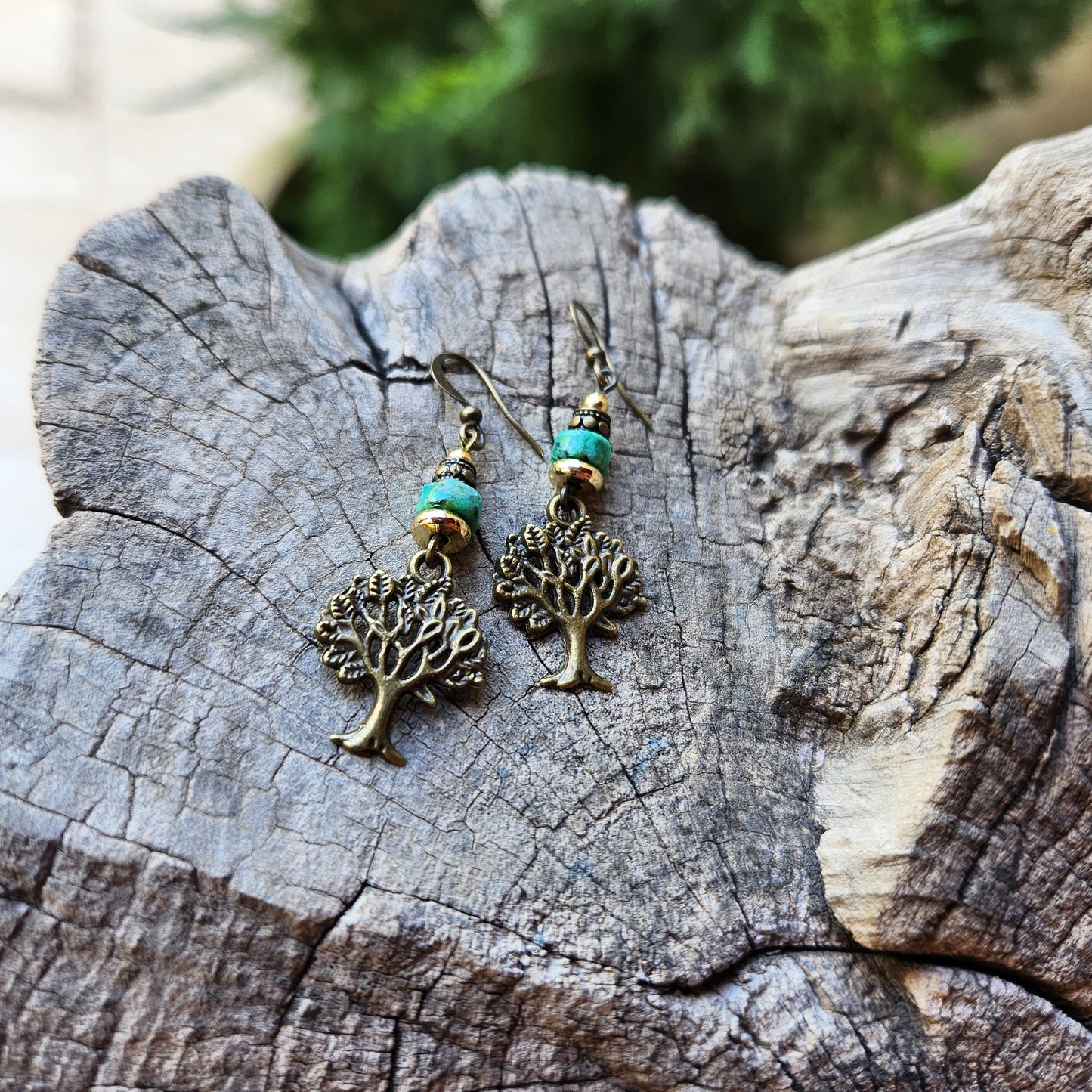 Vintage Bronze Earrings with African Turquoise and Gold-Plated Spacers