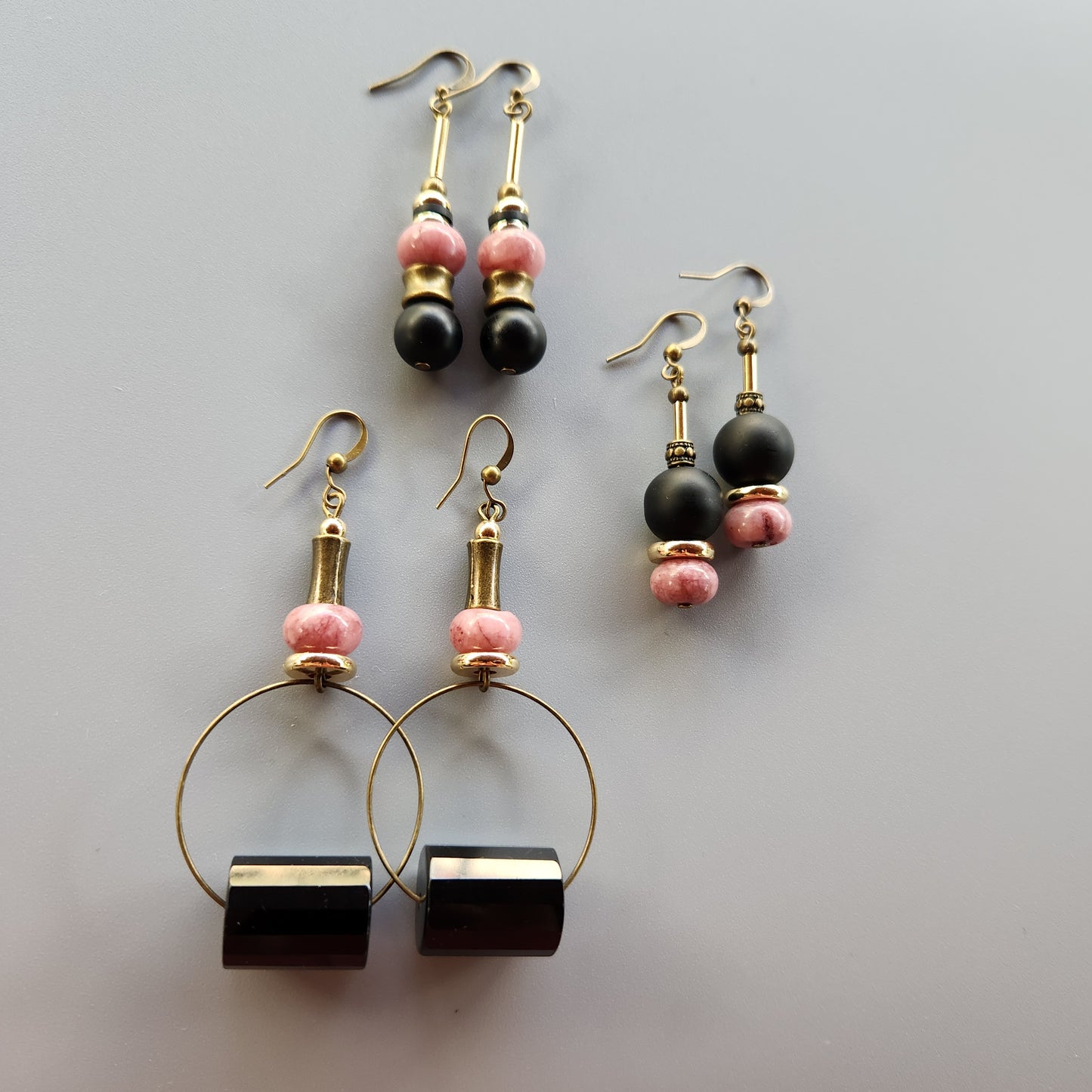 Vintage Bronze and Gold-Plated Earrings with Onyx and Lepidolite