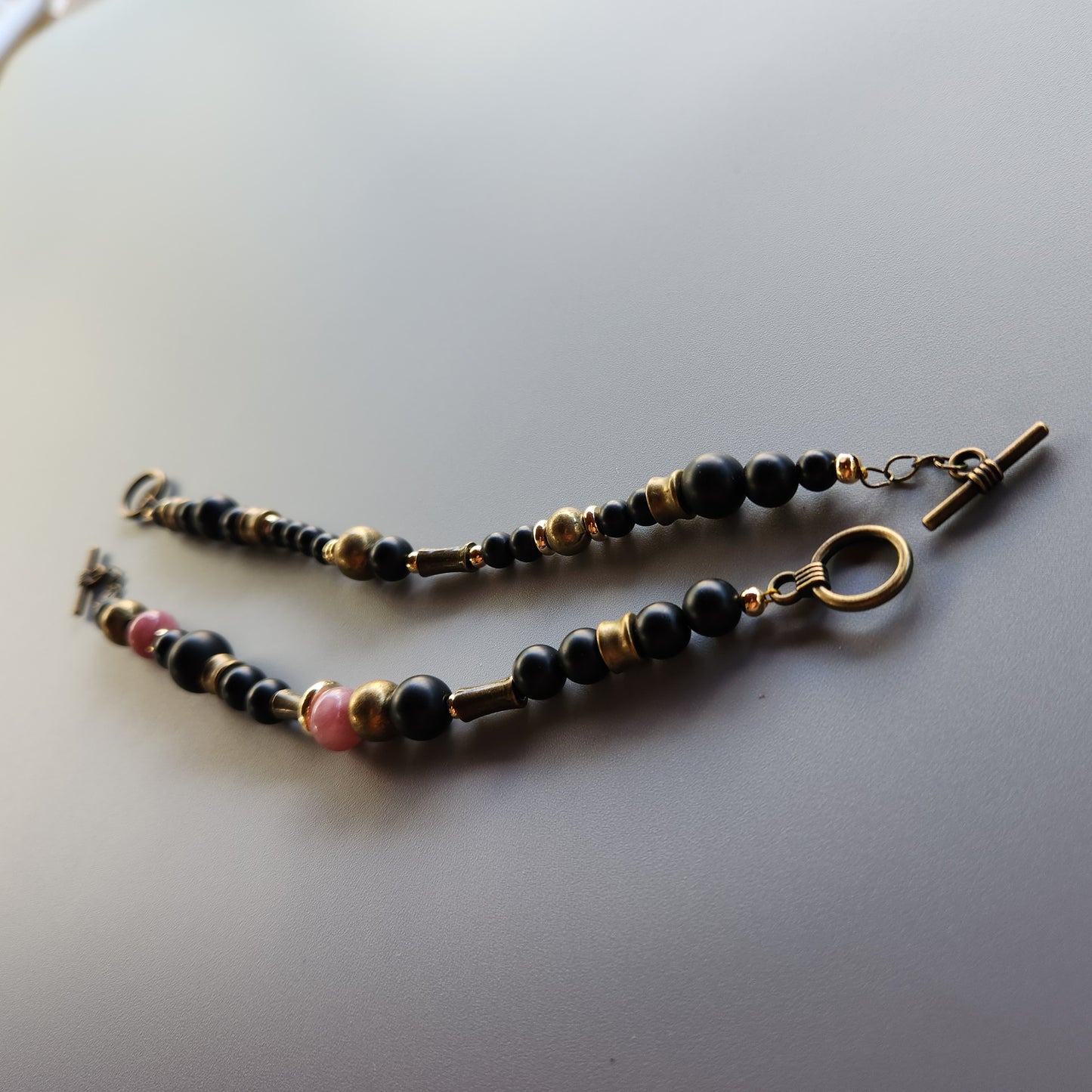 Vintage Bronze and Gold-Plated Bracelet with Onyx and Lepidolite