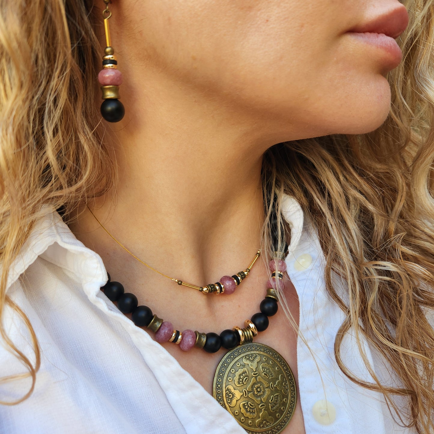 Vintage Bronze and Gold-Plated Necklace with Onyx and Lepidolite
