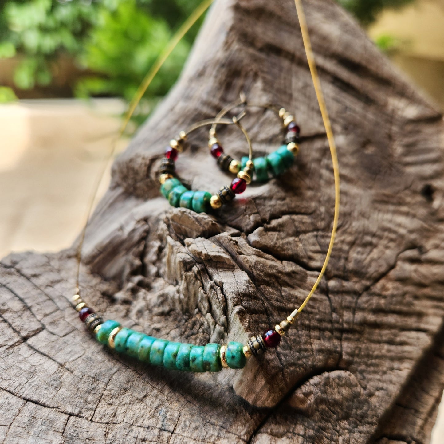 Vintage Bronze Necklace with African Turquoise, Garnet, and Gold-Plated Spacers