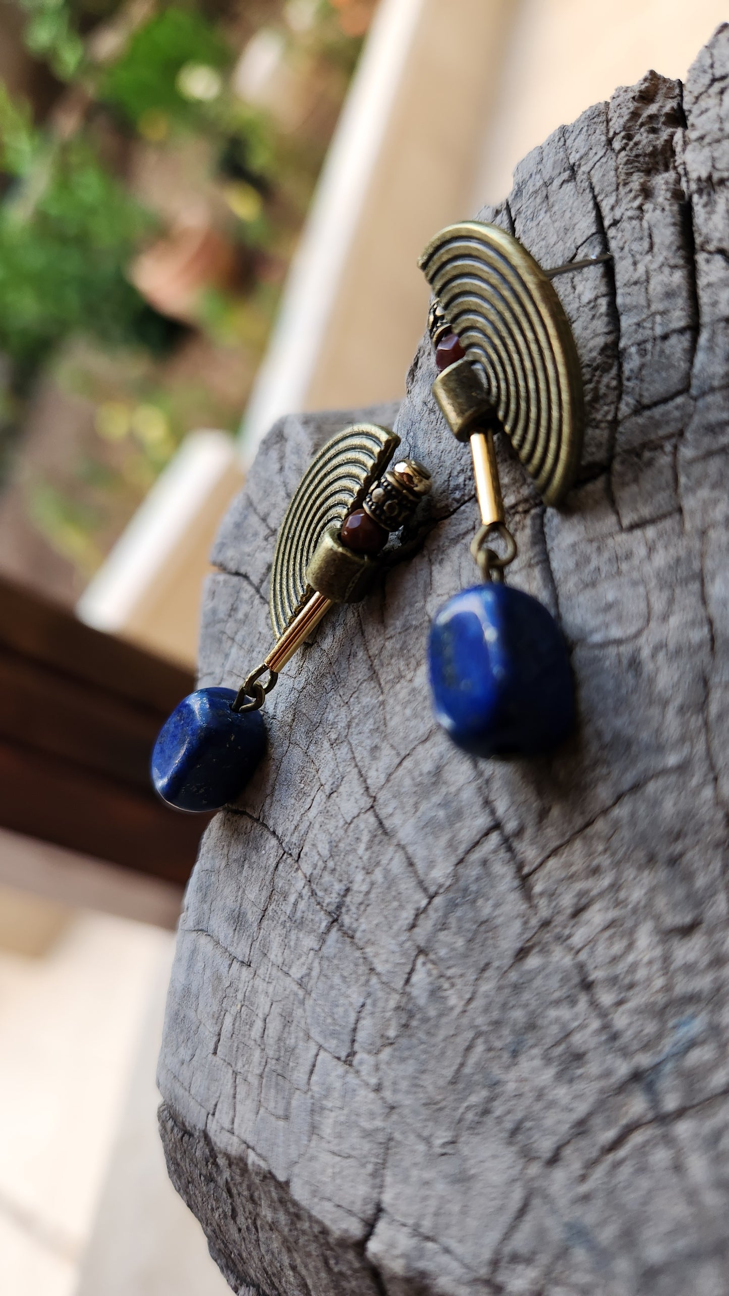 Vintage Bronze Earrings with Lapis & Agate Stones