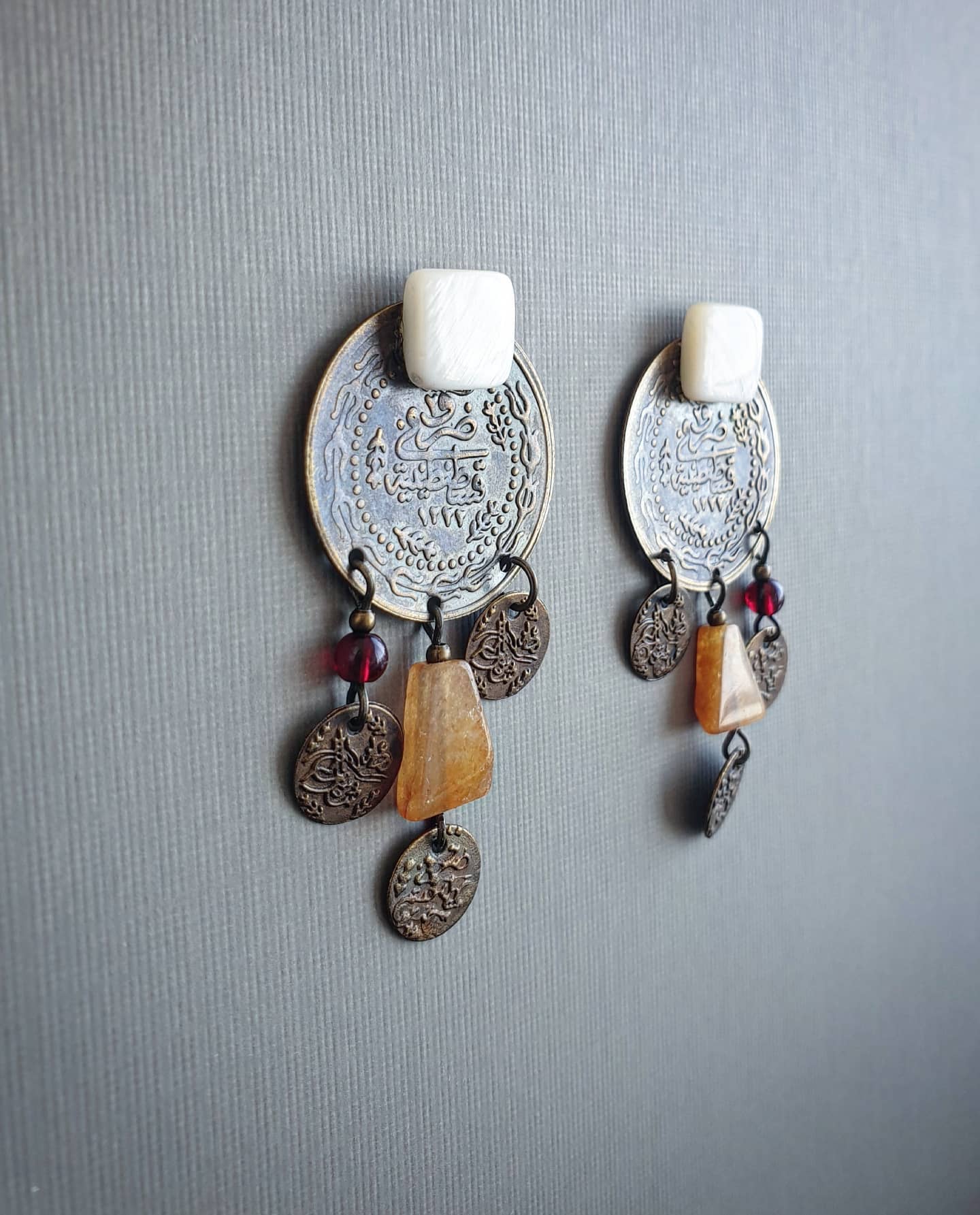 Coin Earrings: with Citrine and Garnet Stone