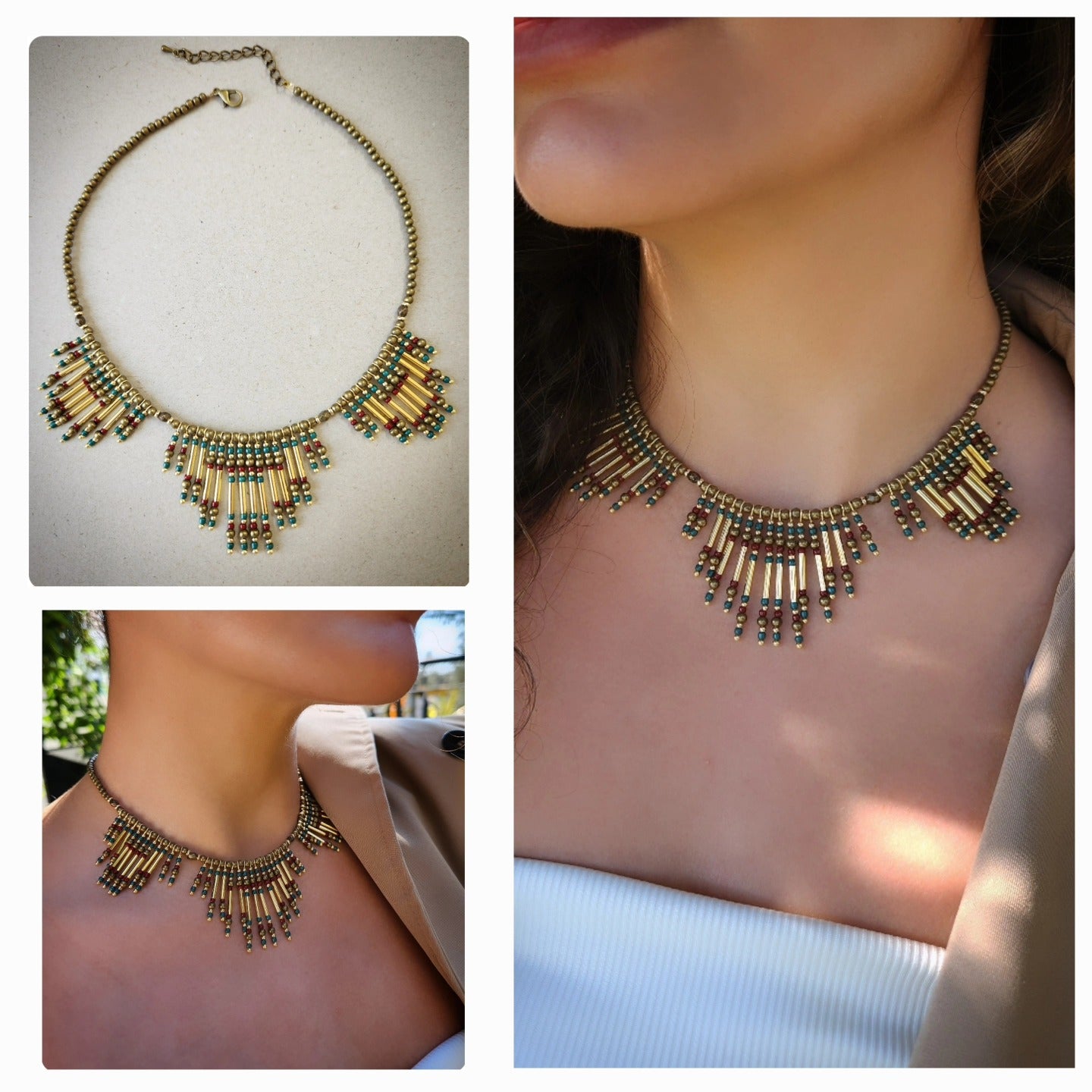 Nasij Necklace: Bronze and Gold-Plated Spacers with Turquoise and Bordeaux Beads