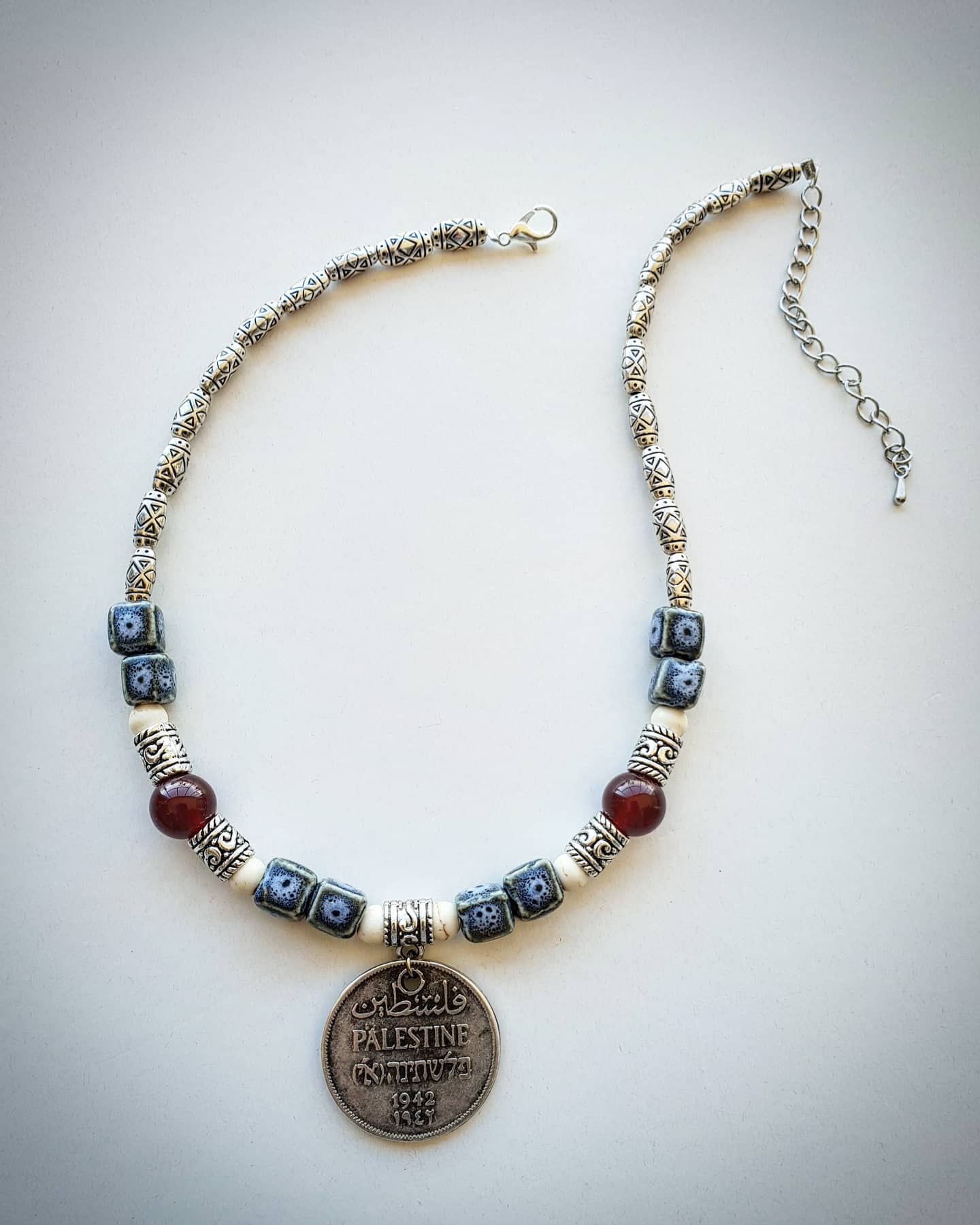 Coin Necklace: with Ceramic, Howlite and Garnet Stone