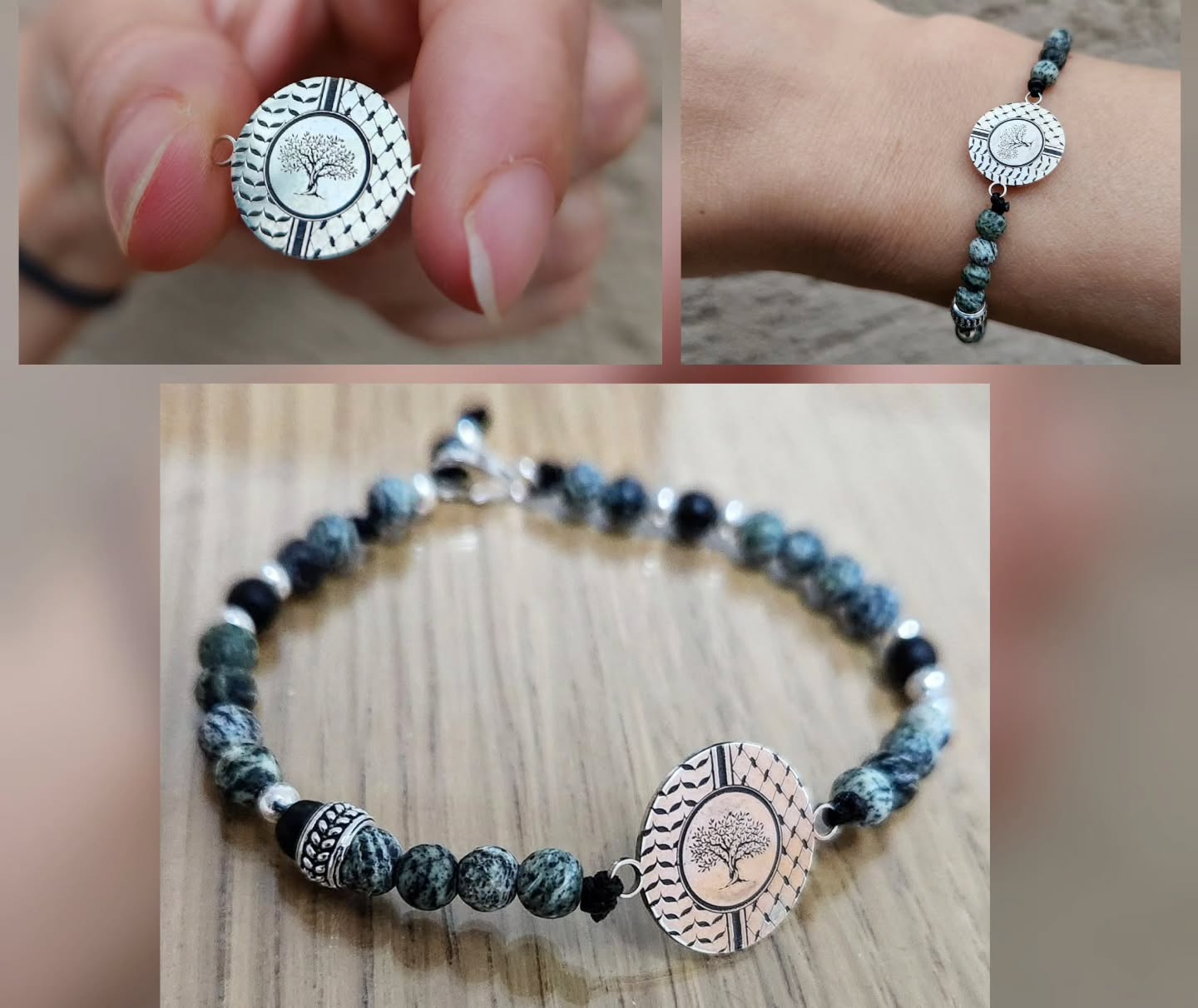 Bracelet with olive tree design on a wooden surface, close-up of hand holding bracelet.