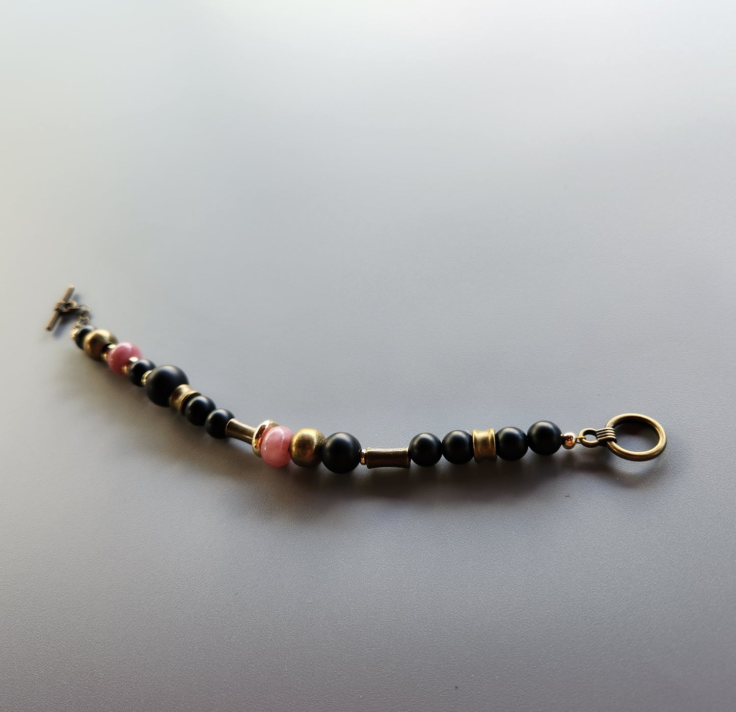 Vintage Bronze and Gold-Plated Bracelet with Onyx and Lepidolite