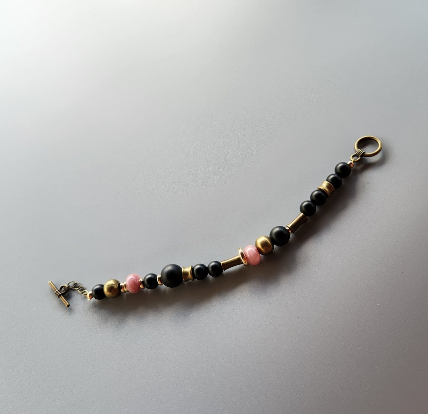 Vintage Bronze and Gold-Plated Bracelet with Onyx and Lepidolite