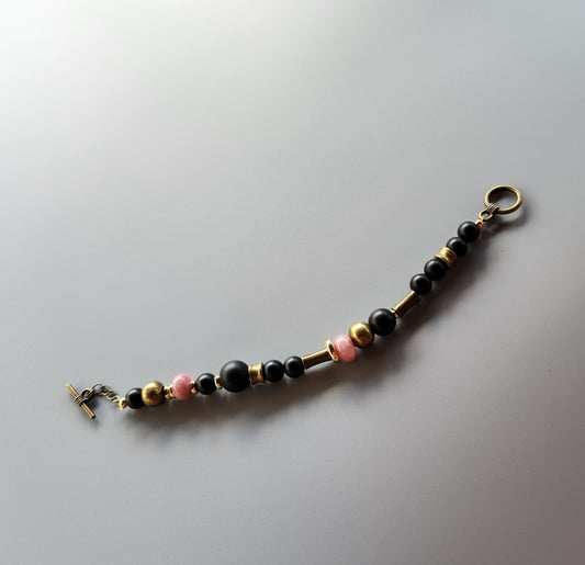 Vintage Bronze and Gold-Plated Bracelet with Onyx and Lepidolite
