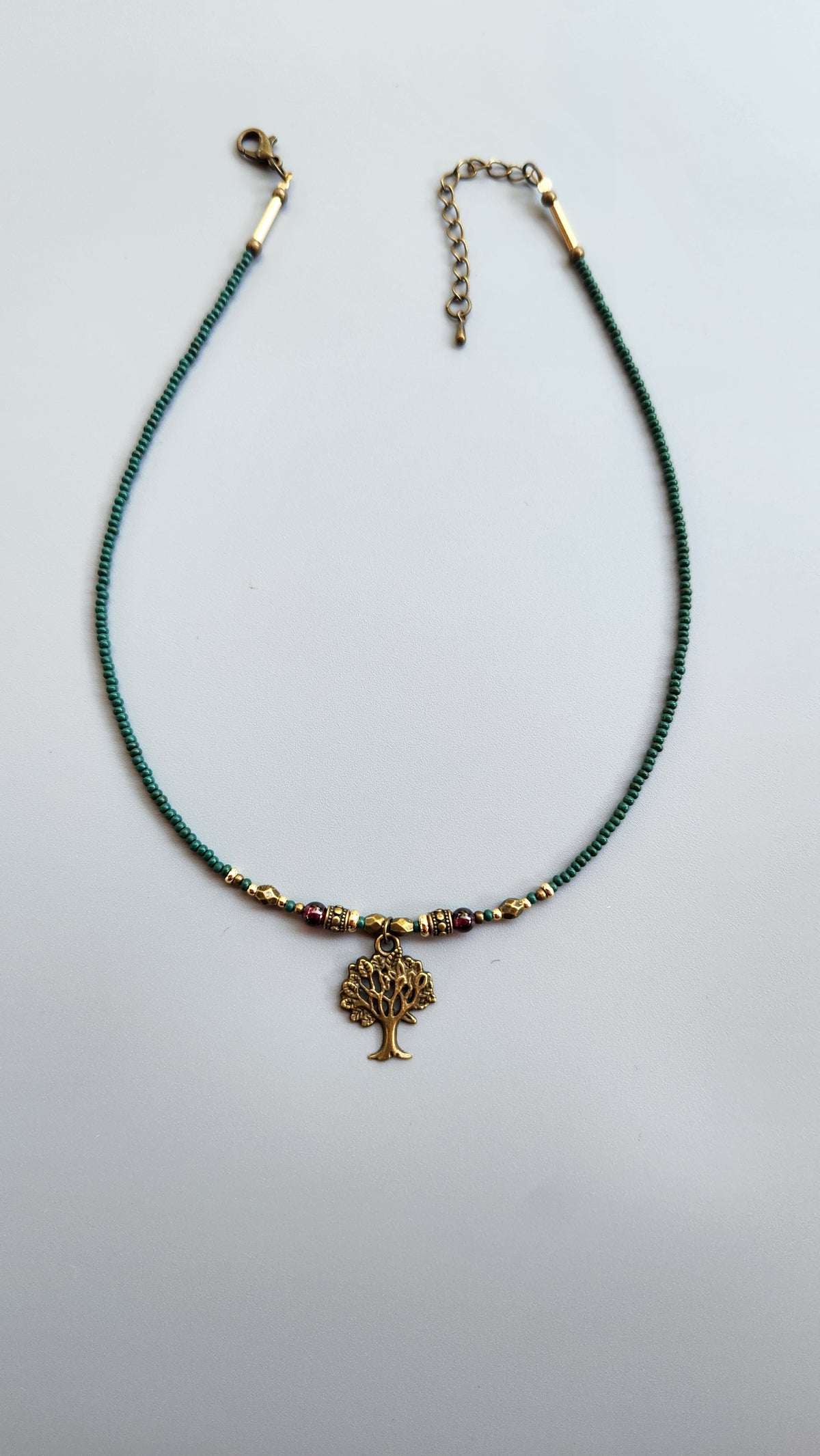 Vintage Bronze Tree Necklace with Garnet, Turquoise Beads and Gold-Plated Spacers
