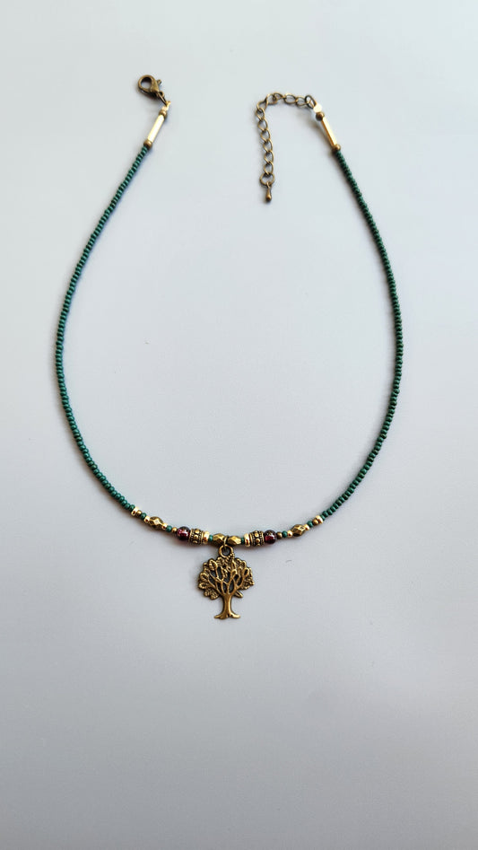Vintage Bronze Tree Necklace with Garnet, Turquoise Beads and Gold-Plated Spacers