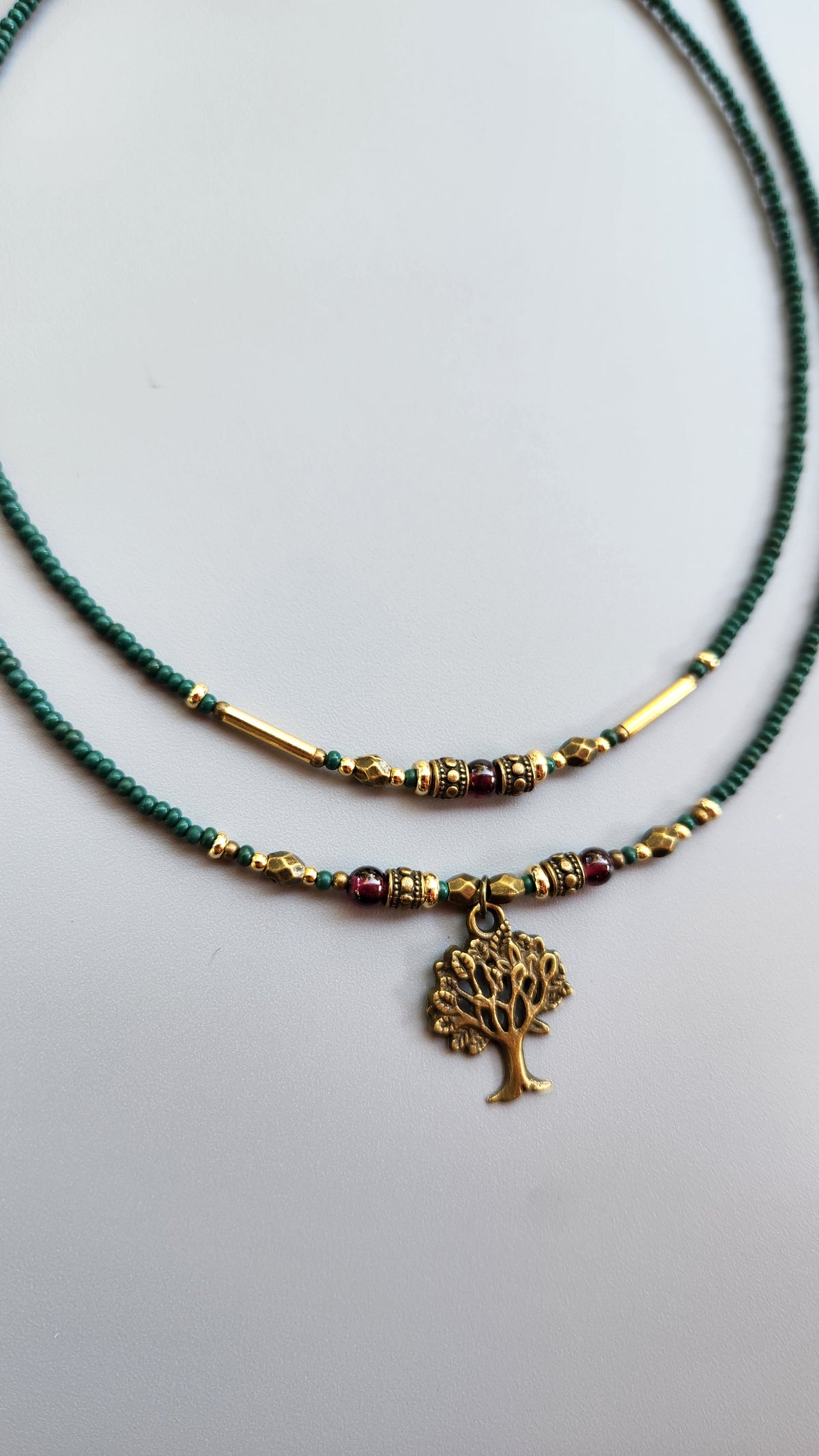 Vintage Bronze Tree Necklace with Garnet, Turquoise Beads and Gold-Plated Spacers
