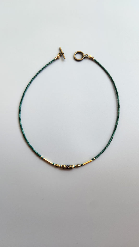 Vintage Bronze Necklace with Garnet, Turquoise Beads and Gold-Plated Spacers