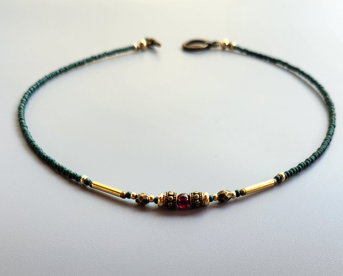 Vintage Bronze Necklace with Garnet, Turquoise Beads and Gold-Plated Spacers