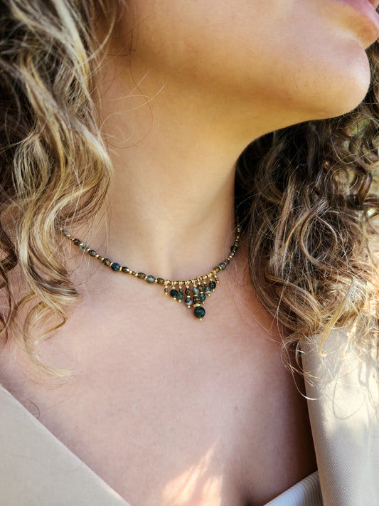 Royal Nasij Necklace: Bronze with Natural Agate Stones and Gold-Plated Spacers