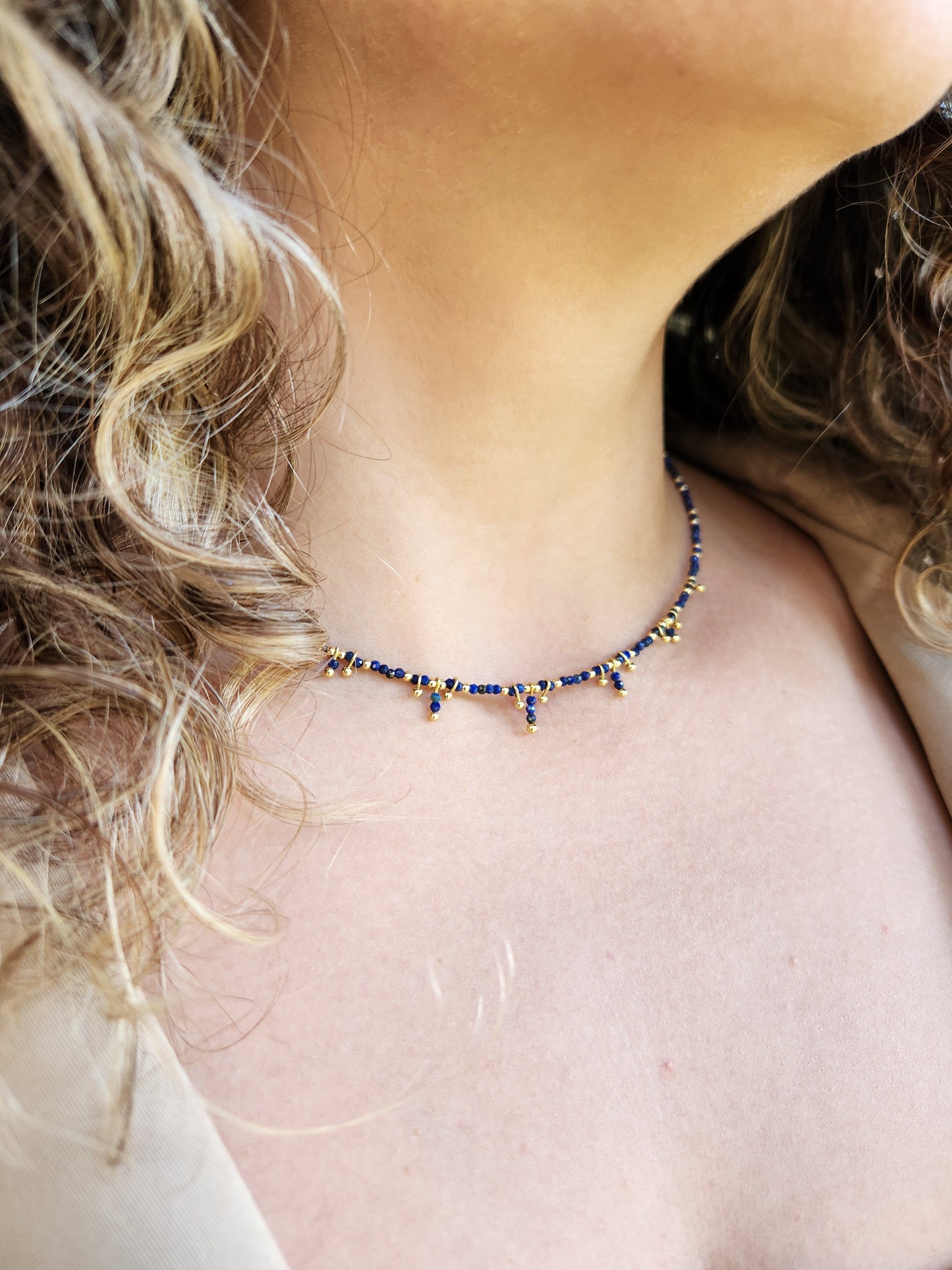 Delicate Nasij Necklace: Deep Blue Lapis and Gold-Plated Spacers