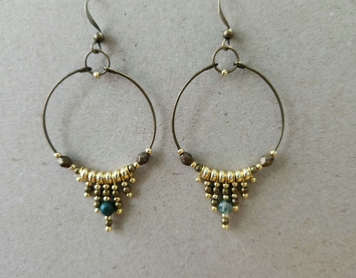 Nasij Earrings: Bronze and Gold-Plated with Moss Agate