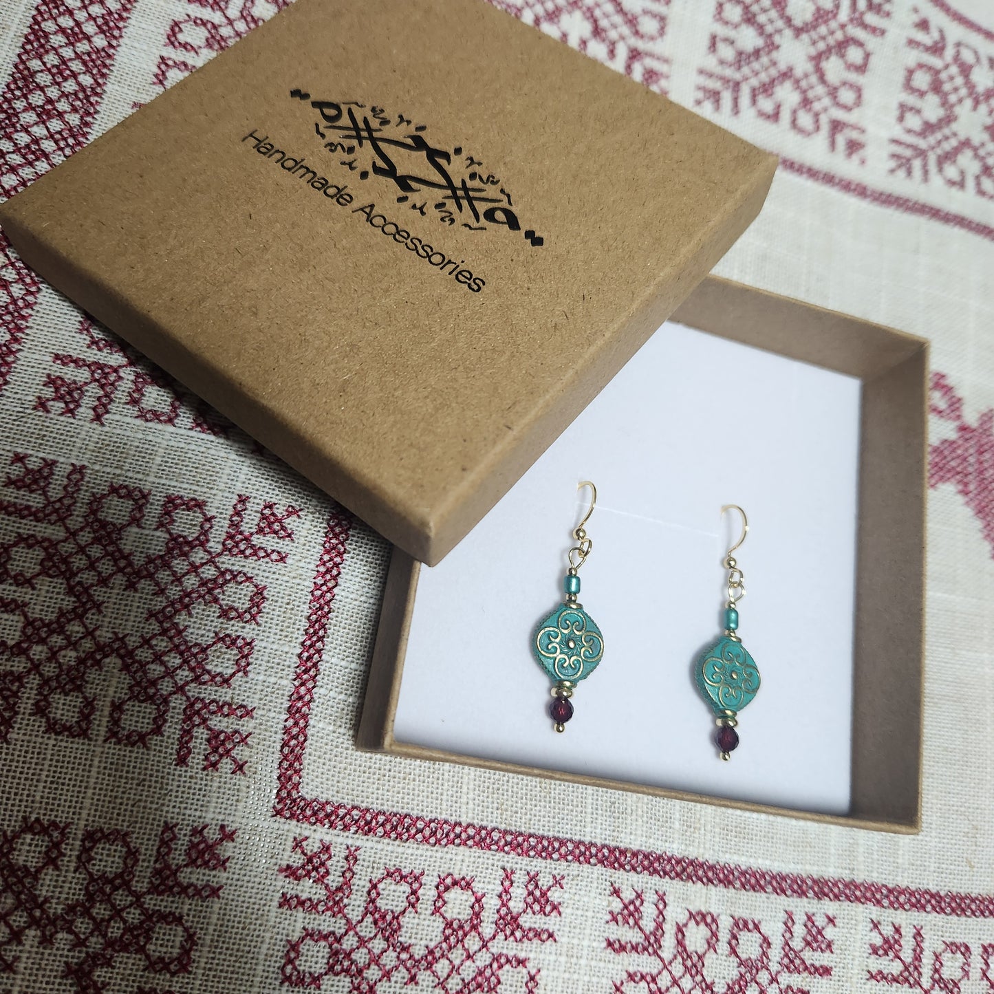 Al-Andalus Earrings: Oxidized Bronze with Garnet, Turquoise & 14K Gold-Plated Spacers