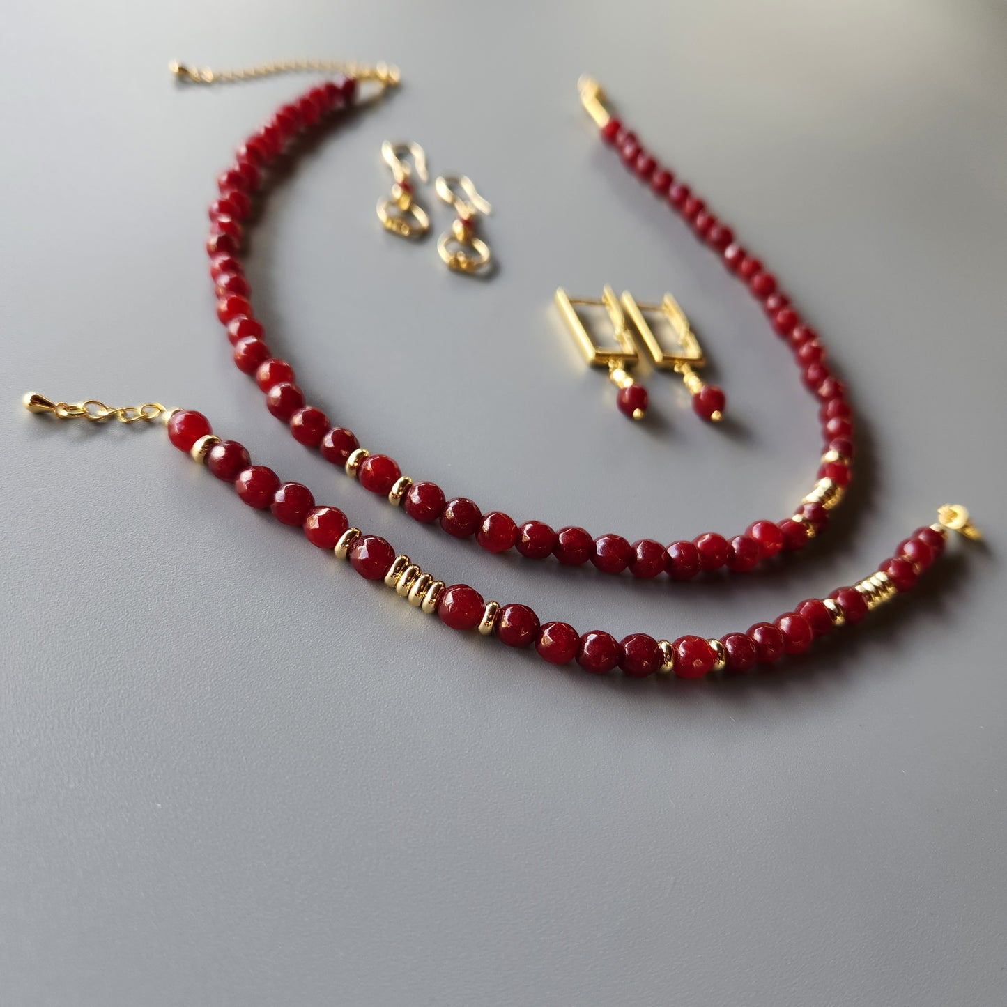 Bordeaux Jade Bracelet with Gold-Plated Spacers