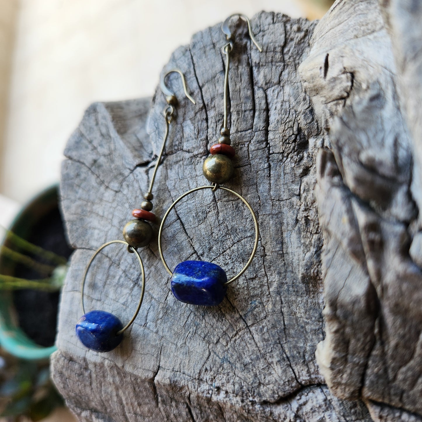 Vintage Bronze Earrings with Lapis and Jasper Stones