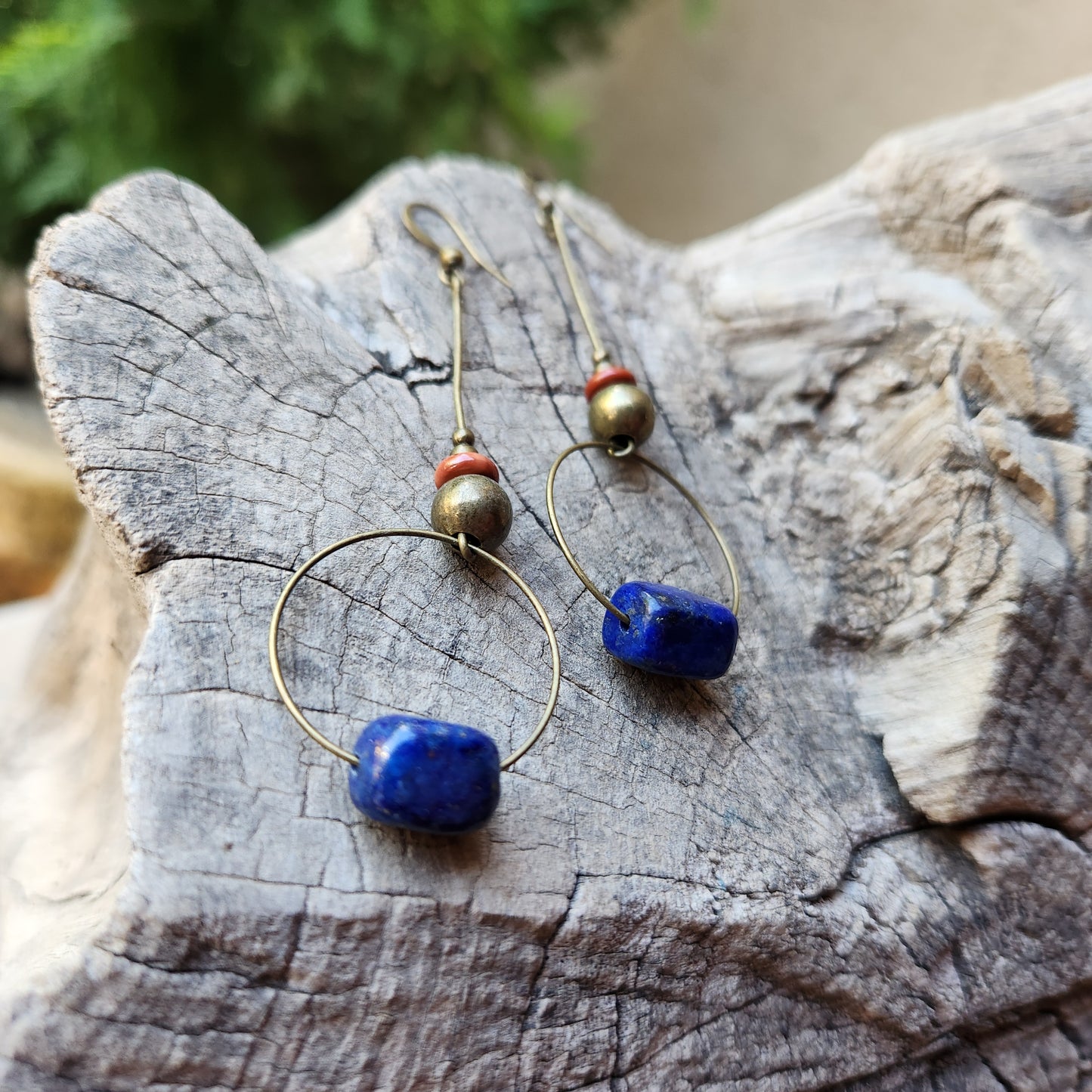 Vintage Bronze Earrings with Lapis and Jasper Stones
