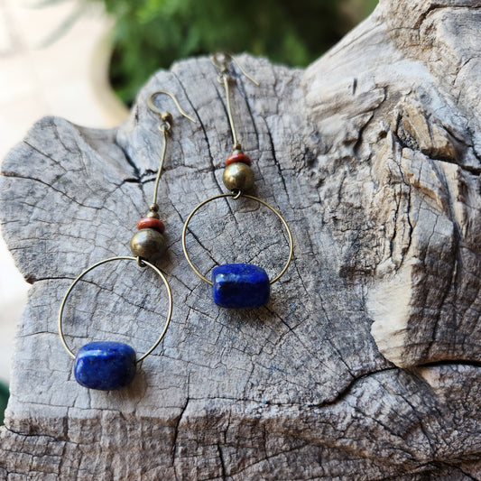 Vintage Bronze Earrings with Lapis and Jasper Stones
