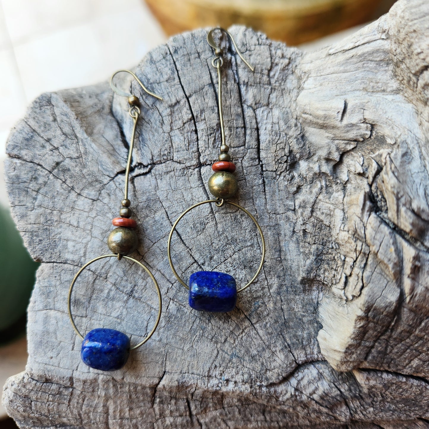 Vintage Bronze Earrings with Lapis and Jasper Stones
