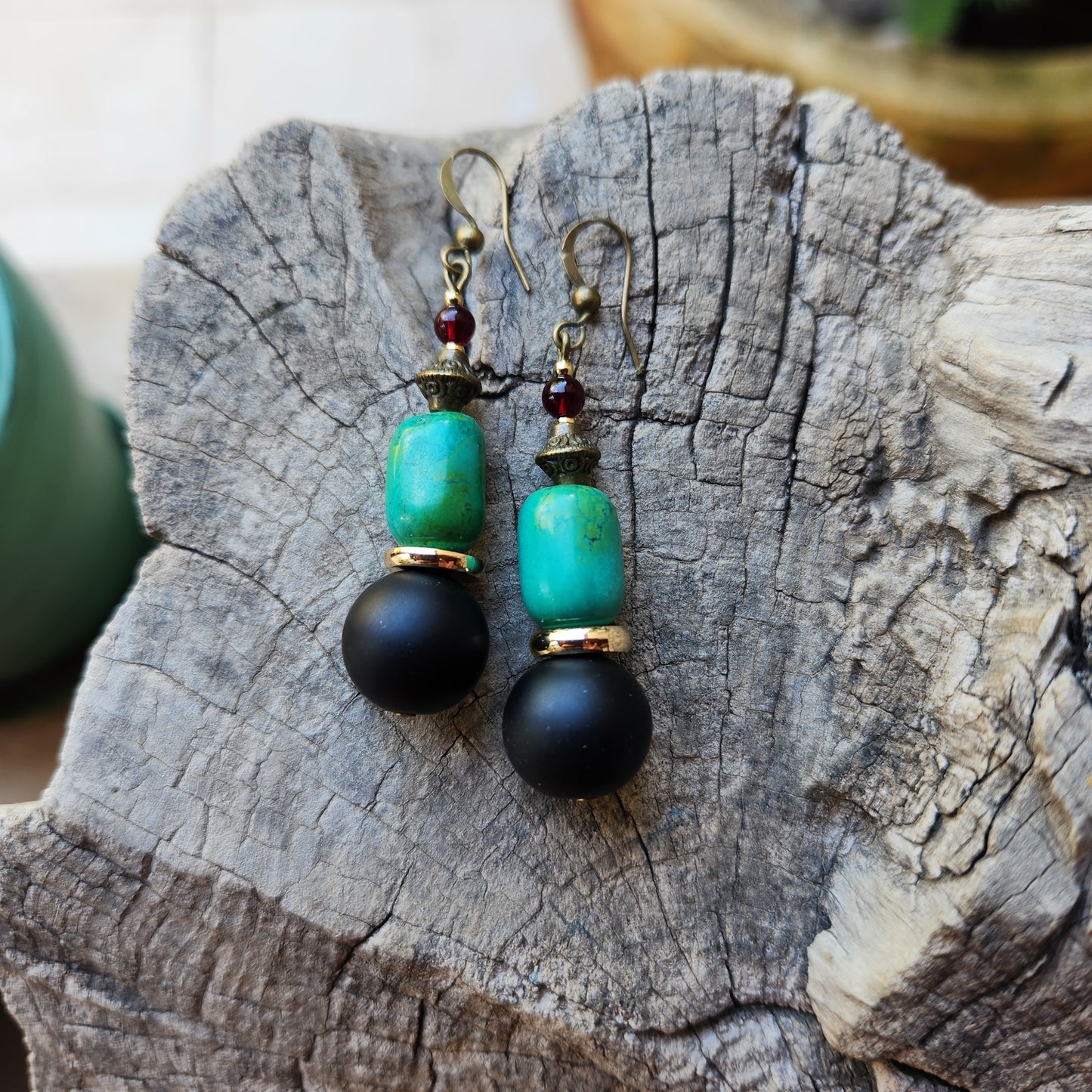 Vintage Bronze Earrings with Turquoise, Onyx and Garnet Stones, and Gold-Plated Spacers