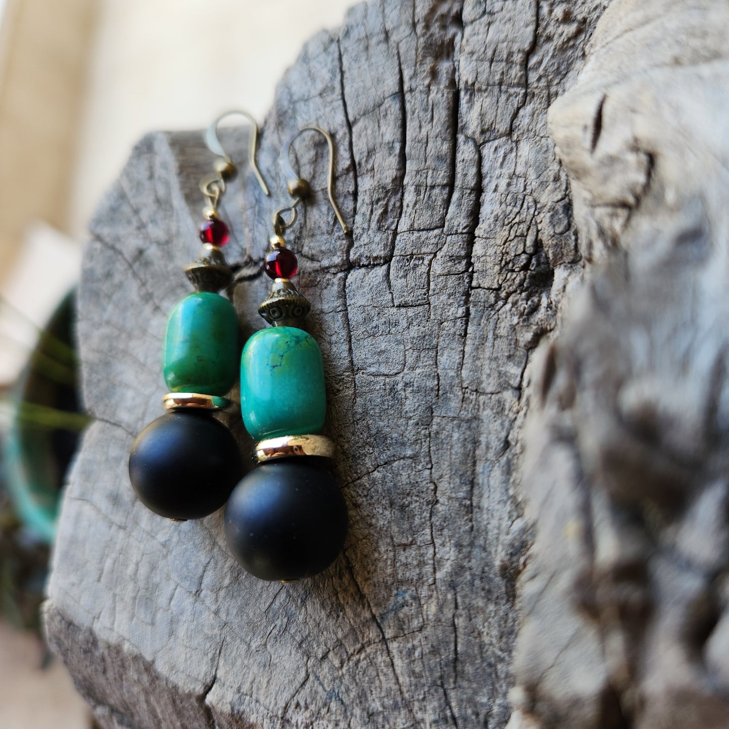 Vintage Bronze Earrings with Turquoise, Onyx and Garnet Stones, and Gold-Plated Spacers