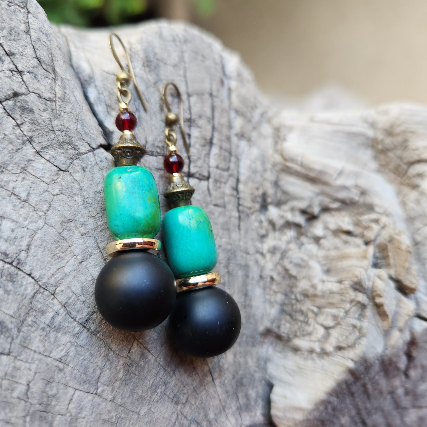 Vintage Bronze Earrings with Turquoise, Onyx and Garnet Stones, and Gold-Plated Spacers