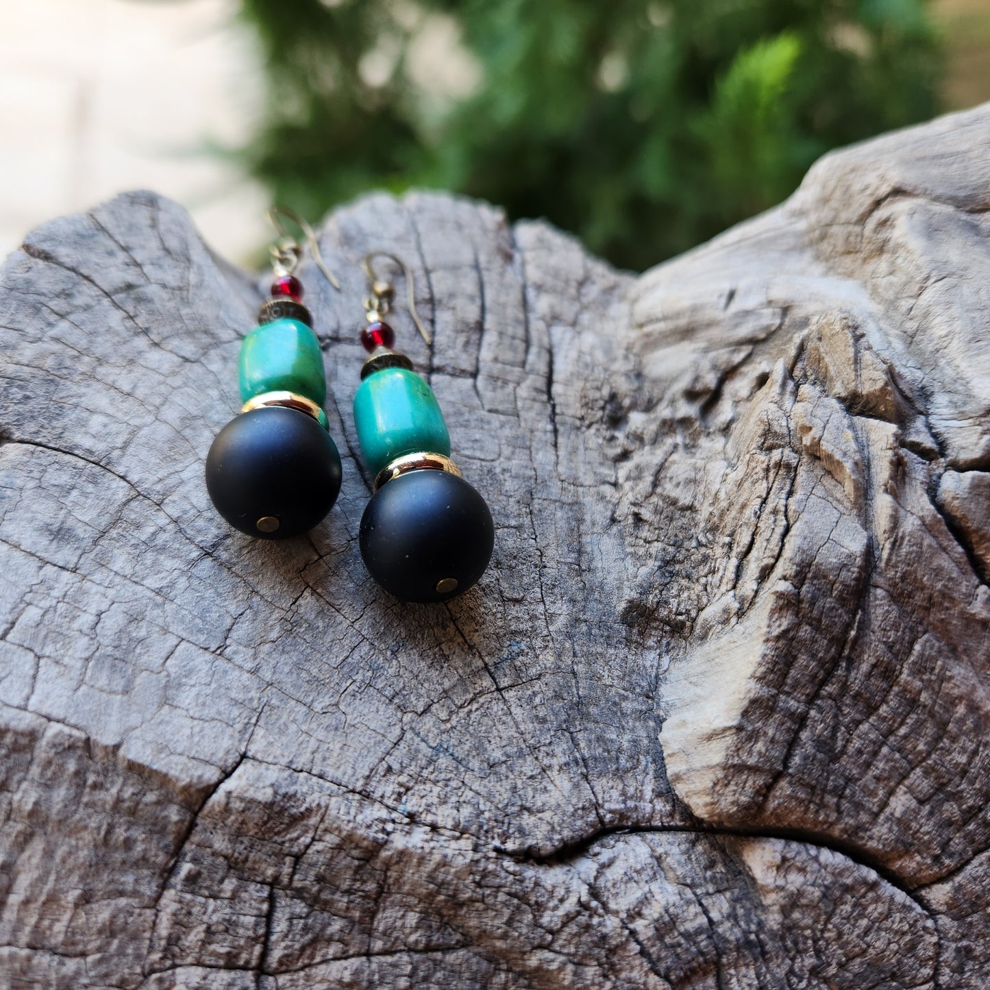 Vintage Bronze Earrings with Turquoise, Onyx and Garnet Stones, and Gold-Plated Spacers
