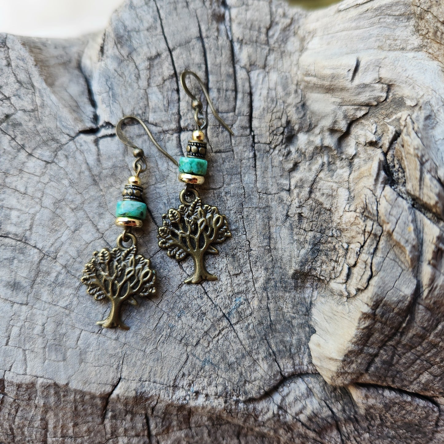 Vintage Bronze Earrings with African Turquoise and Gold-Plated Spacers