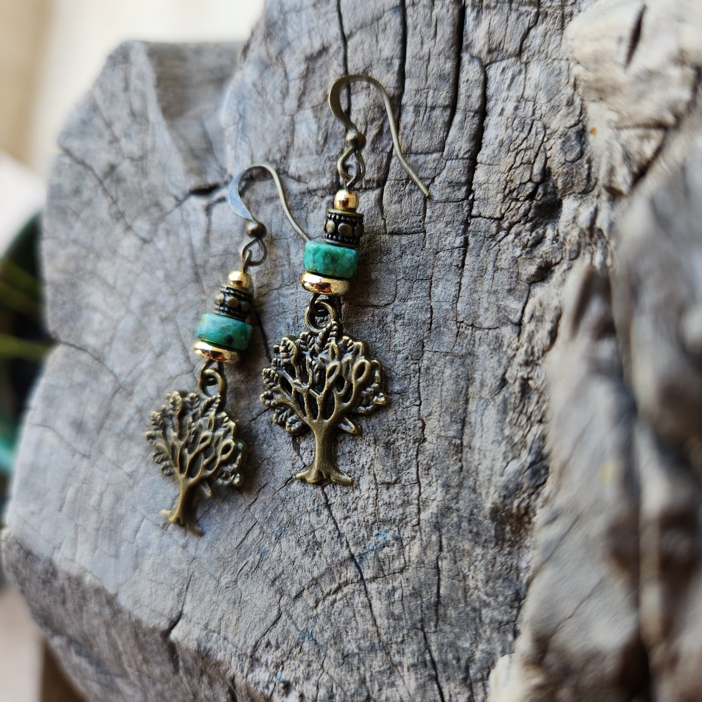 Vintage Bronze Earrings with African Turquoise and Gold-Plated Spacers