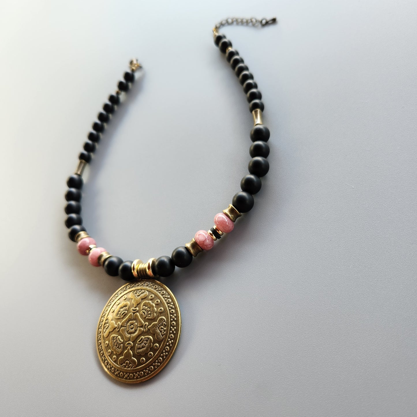 Vintage Bronze and Gold-Plated Necklace with Onyx and Lepidolite