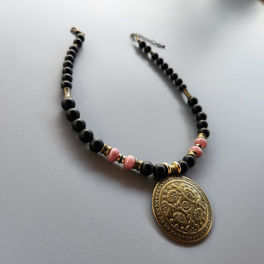 Vintage Bronze and Gold-Plated Necklace with Onyx and Lepidolite