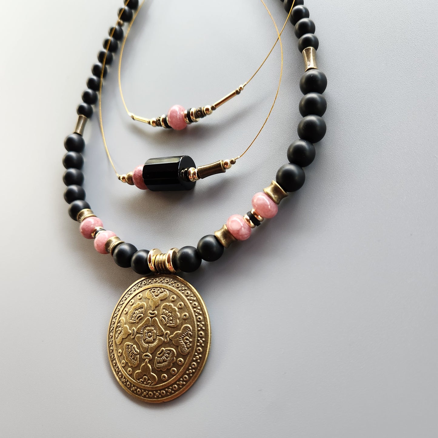 Vintage Bronze and Gold-Plated Necklace with Onyx and Lepidolite