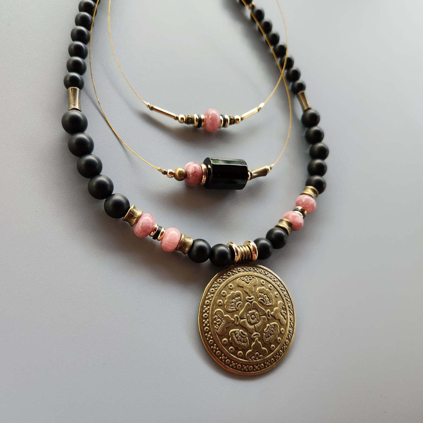 Vintage Bronze and Gold-Plated Necklace with Onyx and Lepidolite