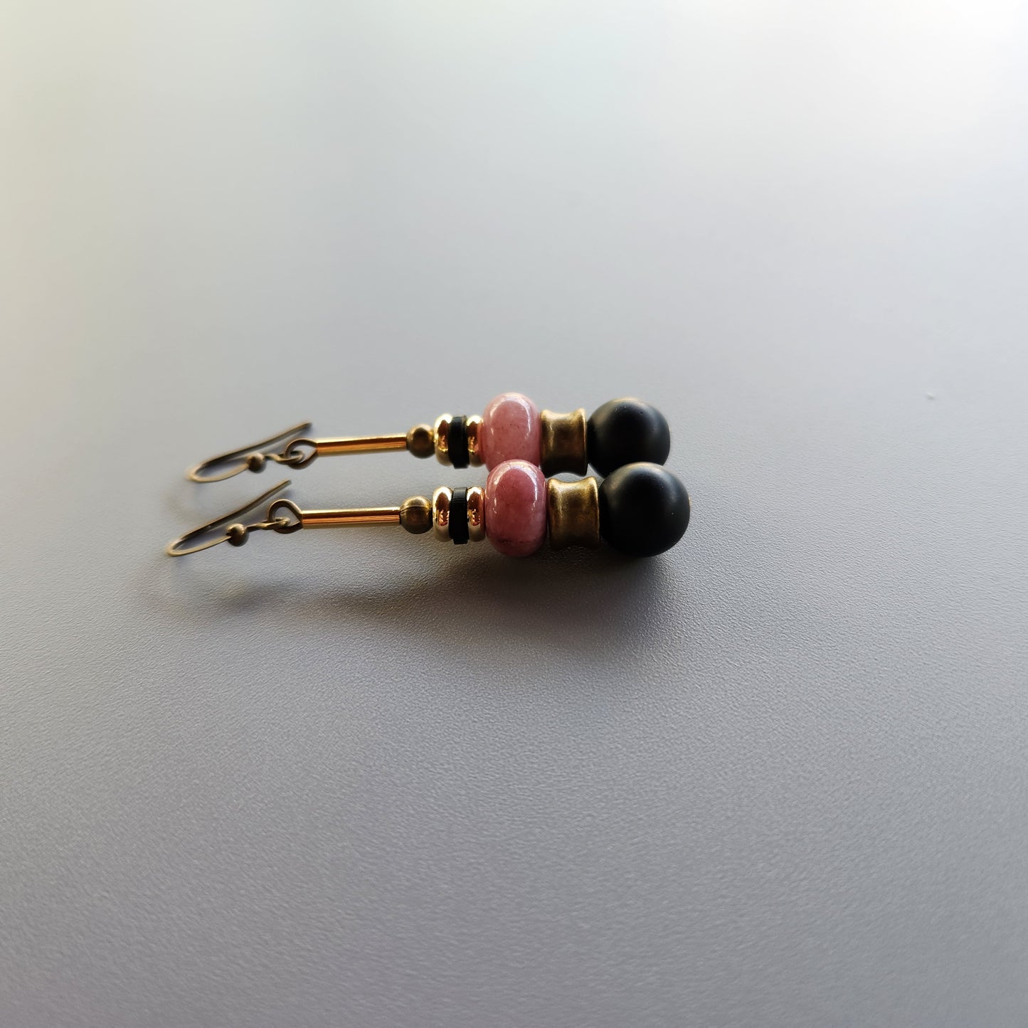 Vintage Bronze and Gold-Plated Earrings with Onyx and Lepidolite