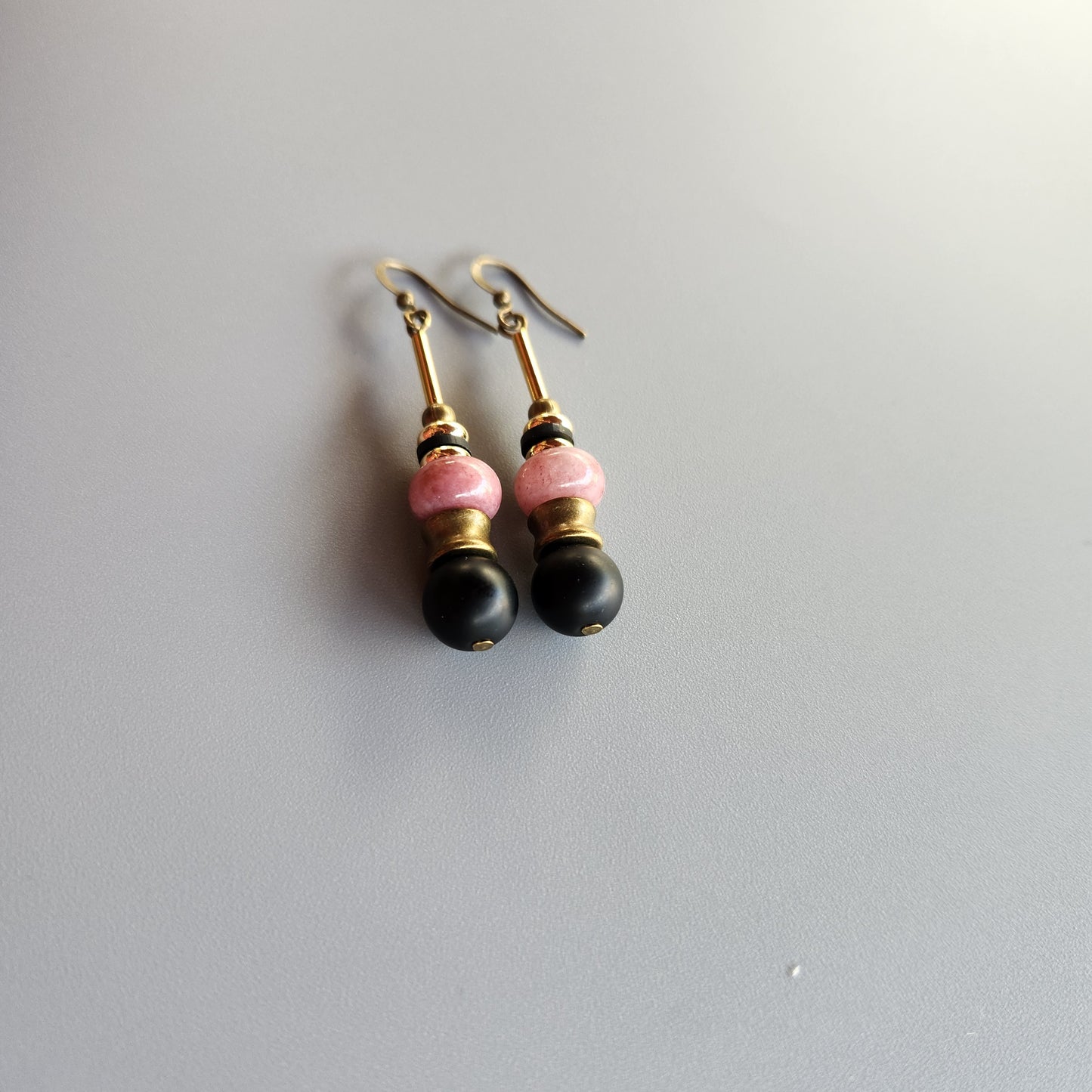 Vintage Bronze and Gold-Plated Earrings with Onyx and Lepidolite