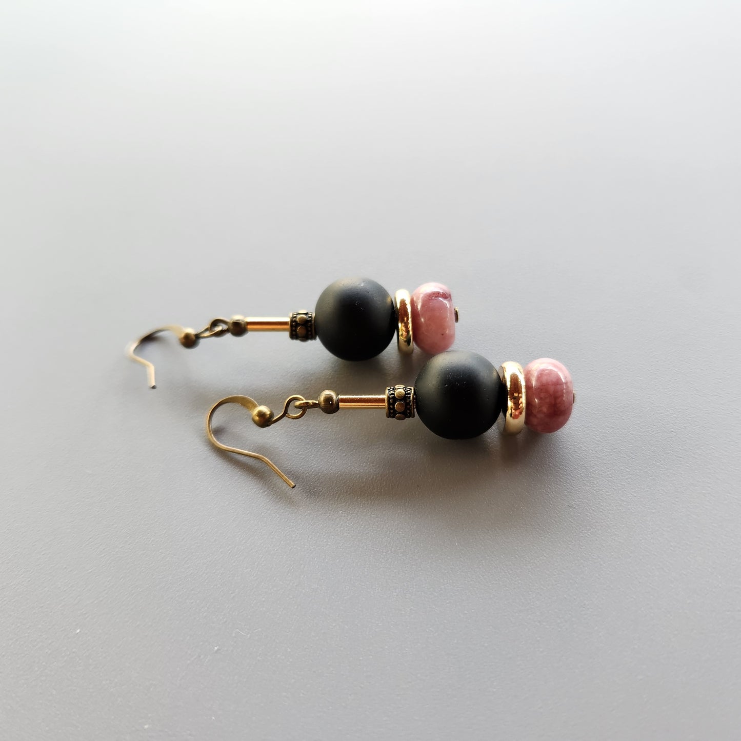 Vintage Bronze and Gold-Plated Earrings with Onyx and Lepidolite