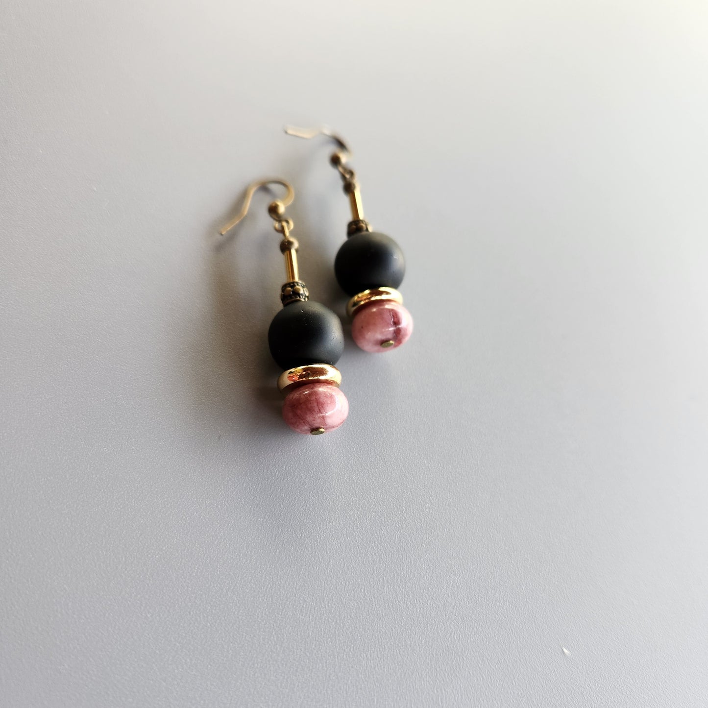 Vintage Bronze and Gold-Plated Earrings with Onyx and Lepidolite