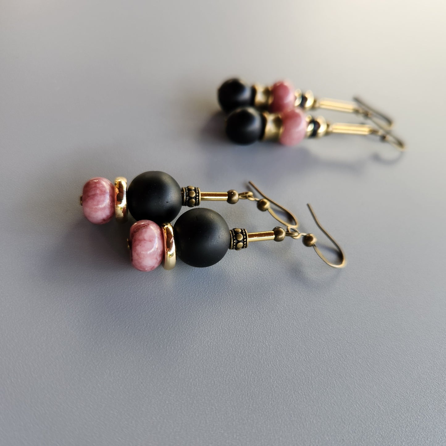 Vintage Bronze and Gold-Plated Earrings with Onyx and Lepidolite