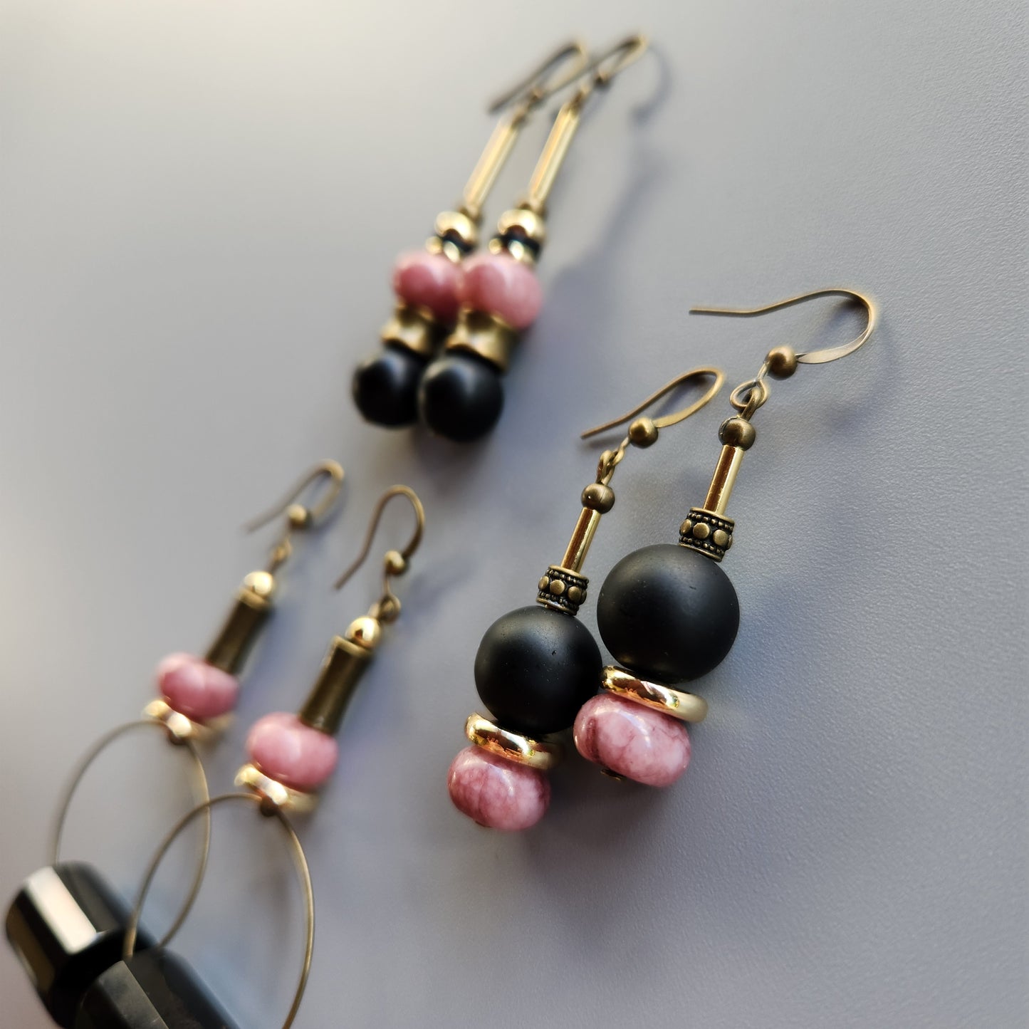 Vintage Bronze and Gold-Plated Earrings with Onyx and Lepidolite