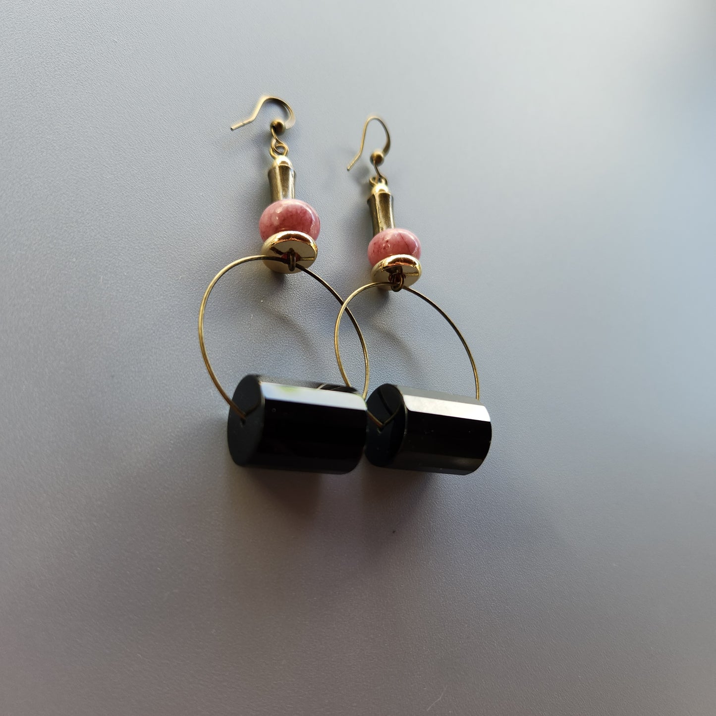 Vintage Bronze and Gold-Plated Earrings with Onyx and Lepidolite