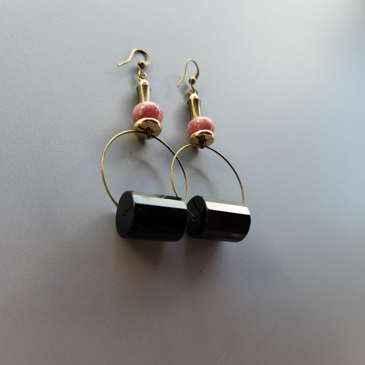 Vintage Bronze and Gold-Plated Earrings with Onyx and Lepidolite