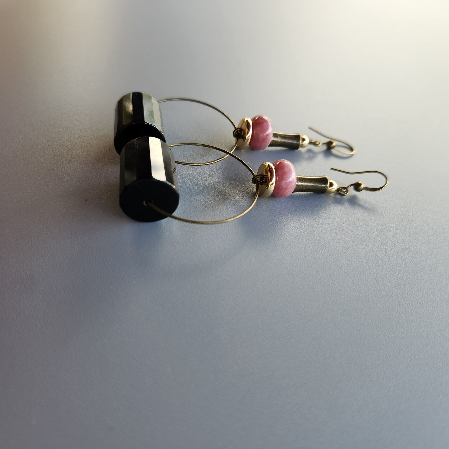 Vintage Bronze and Gold-Plated Earrings with Onyx and Lepidolite