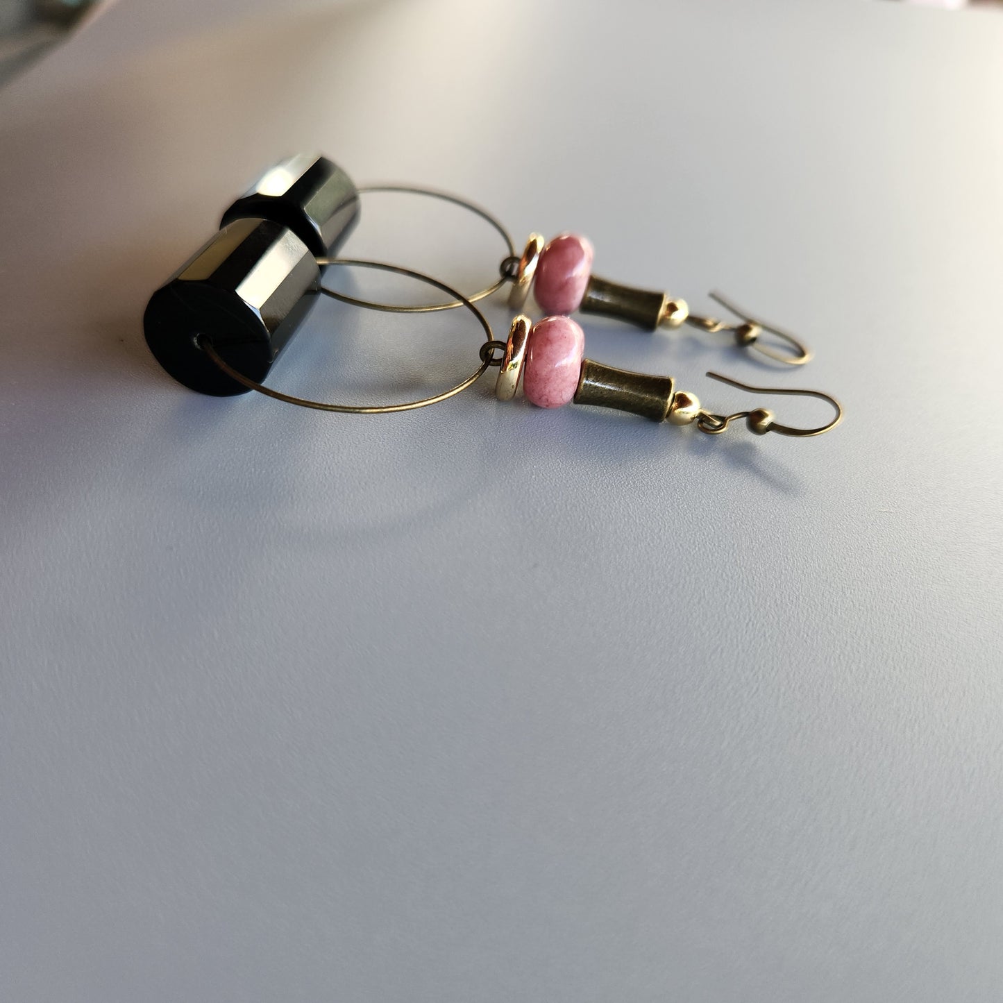 Vintage Bronze and Gold-Plated Earrings with Onyx and Lepidolite