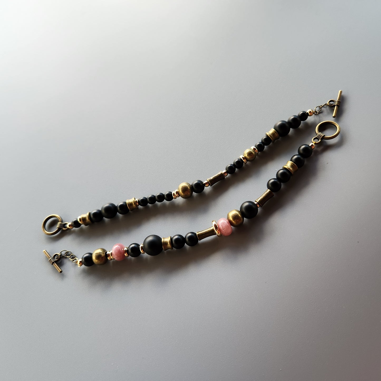 Vintage Bronze and Gold-Plated Bracelet with Onyx and Lepidolite