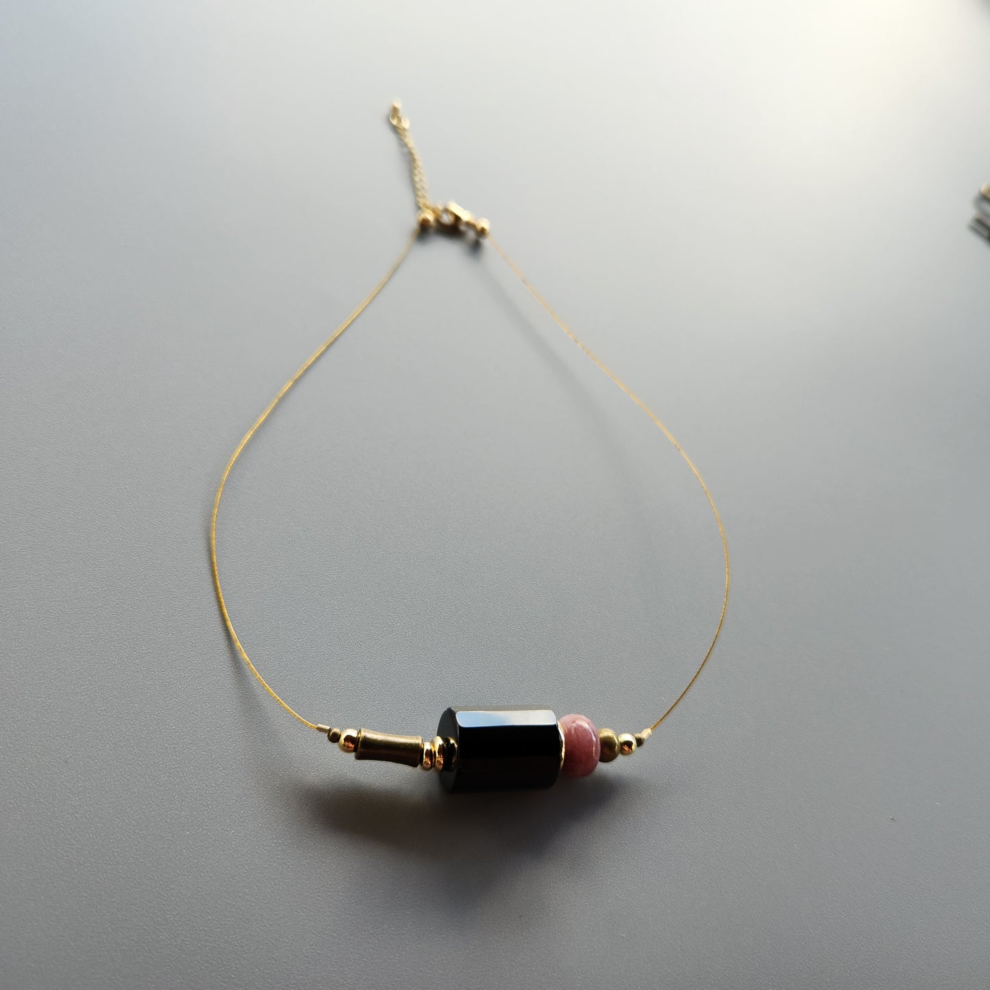 Vintage Bronze and Gold-Plated Necklace with Onyx and Lepidolite