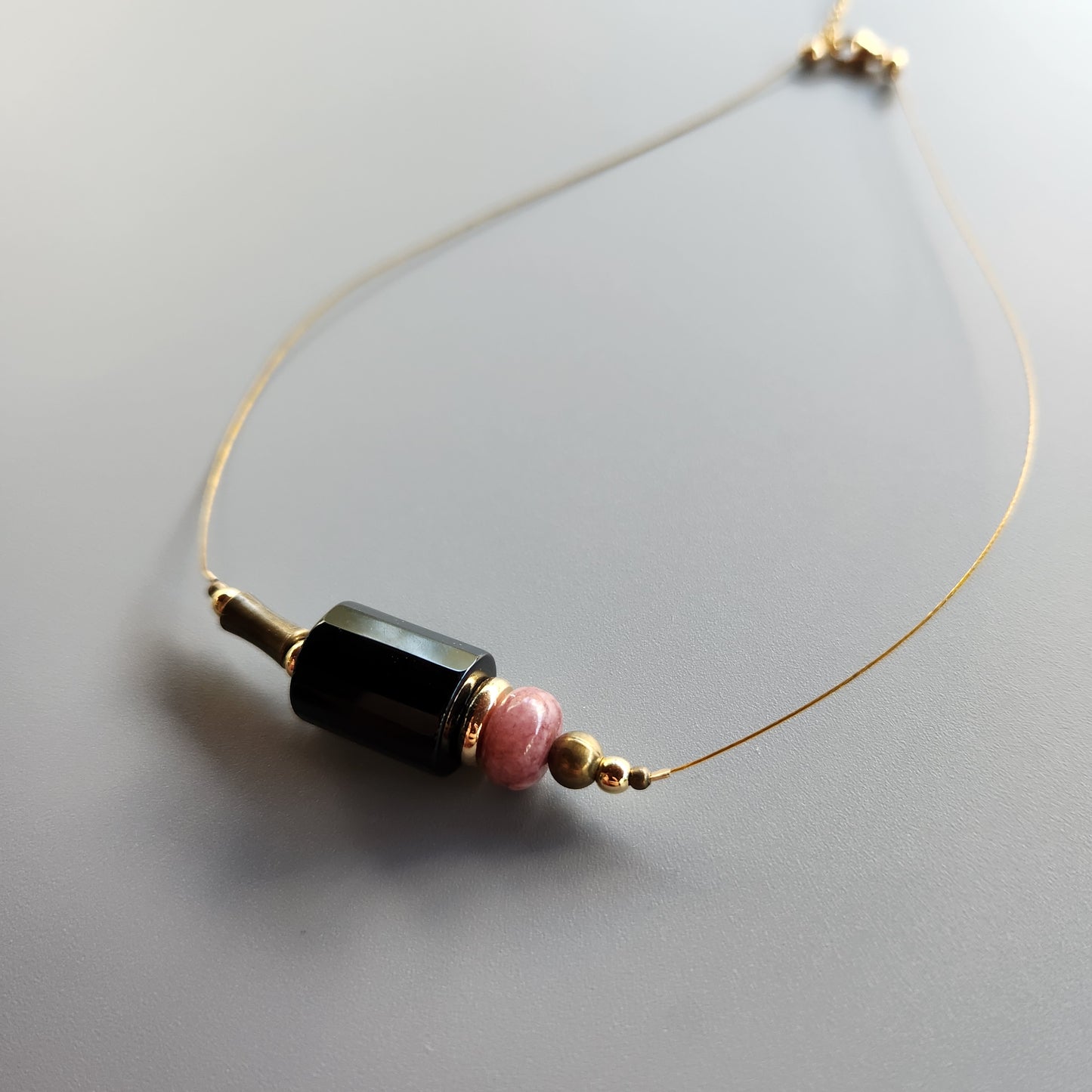 Vintage Bronze and Gold-Plated Necklace with Onyx and Lepidolite